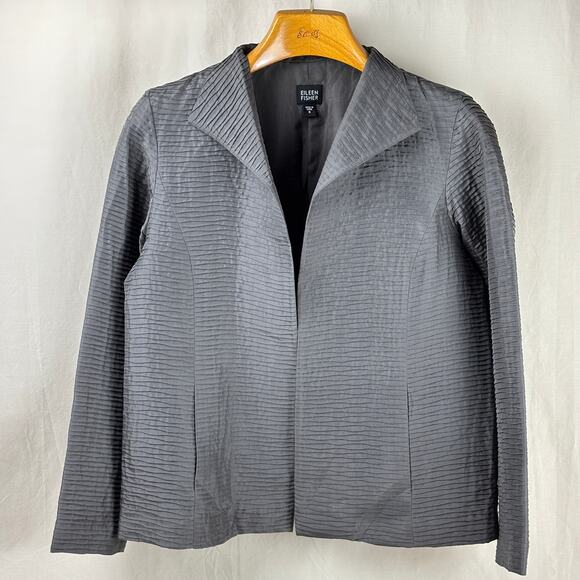 Eileen Fisher Textured Pleated Crinkle 100% Silk Open Front Blazer Jacket - Picture 1 of 12